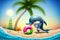 Cute Dolphin in Beach Colorful Background