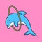 Cute dolphin are doing acrobatics jumping hula hoops. isolated animal design concept. flat cartoon style premium vector