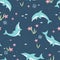 Cute dolphin seamless pattern, lovely hand drawn summer background. Great for summer textiles, banners, wallpapers, wrapping -