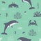 Cute dolphins, crabs, corals, algae, sea Horse, jellyfish sea ocean animals seamless pattern. Vector illustration in aquamarine,