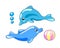 Cute dolphins with playing ball illustration in cartoon style.