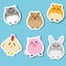 Cute domestic animals. Stickers set. Vector illustration. Cat, rabbit, puppy, pig, hamster