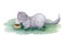 Cute domestic cat eats canned meat. Watercolor composition