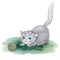 Cute domestic cat plays with a ball. Watercolor composition.