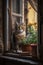 A cute domestic cat sits on the windowsill and looks out the window. The old wooden shutter is open.