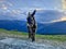 Cute donkey closeup on the mountain at sunset