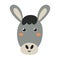 Cute donkey face in cartoon style. Farm character head for baby and kids design