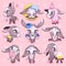 Cute donkey kawaii cartoon vector characters set. Adorable and funny mule, burro animal isolated stickers, patches. Anime baby