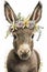 Cute donkey portrait with flowers crown. Watercolor baby animal print. Beautiful wildlife animal cartoon drawing poster