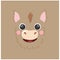 Cute donkey portrait square smiley head cartoon round shape animal face, isolated vector icon illustration. Flat avatar