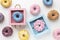 cute donuts colorful boxes. High quality photo