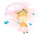 Cute doodle baby giraffe flying in the air with umbrella. baby shower Premium Vector