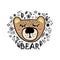 Cute doodle bear head, funny flat hand-drawn bear characters with doodles around, animal face with doodles, childish style, design