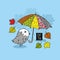 Cute doodle bird under the colorful umbrella.