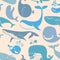Cute doodle Blue Whales. Marine seamless background.