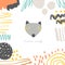 Cute doodle card, postcard, tag, poster with wolf, abstract elements.