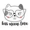 Cute doodle cat with glasses. Kiss meow love. Vector illustration.