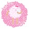 Cute doodle girl sheep, cartoon drawn animal, lovely pink leaves background, print for kids apparel, greeting cards, postcards