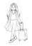 Cute doodle girl with a suitcase. Hand drawn vector isolated illustration on a white background