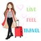 Cute doodle girl with a suitcase. Hand drawn vector isolated illustration on a white background