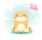 Cute doodle hamster playing kites on the grass cartoon character Premium Vector