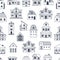 Cute doodle homes seamless pattern. Tiny houses, line architecture elements. Village or country style, outline buildings