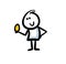 Cute doodle man holding golden egg in hand and smiling.