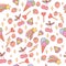 Cute doodle pattern with ice cream, cherry, stars, diamonds etc. Pastel colors. Vector art