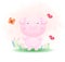 Cute doodle piggy playing with butterfly on the grass cartoon illustration Premium Vector