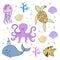 Cute doodle sea animal for kids, label, sticker, clipart, poster, card. hand drawn vector. cute jellyfish, coral, turtle, seashell