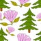 Cute doodle seamless pattern with primrose and spruce.