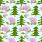 Cute doodle seamless pattern with primrose and spruce.
