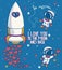 Cute doodle spaceship and astronauts for valentine`s day