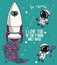 Cute doodle spaceship and astronauts for valentine`s day