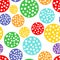 Cute dots amanita seamless pattern with bright colorful round and circle.