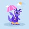 Cute Dragon cartoon mascot character. Happy New Year of the Dragon. Dragon hiding under an umbrella from the rain.