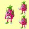 Cute dragon fruit characters making playful hand signs