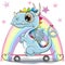 Cute Dragon with skateboard on a rainbow background