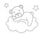 Cute dreaming bear on cloud. Cartoon hand drawn vector outline illustration for coloring book. Line baby animal