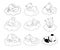 Cute dreaming bear, koala and elephant on cloud. Cartoon hand drawn vector outline illustration. Line baby animals set