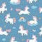 Cute dreaming unicorns seamless pattern. Vector sky background with clouds, rain, rainbow and stars