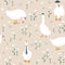 Cute dressed geese seamless pattern. Fashionable goose in a hat, tie, scarf. Funny vector background