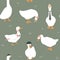 Cute dressed geese seamless pattern. Goose in a hat, tie, scarf, and with umbrella. Funny vector background