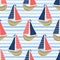 Cute driftwood sailboat on the blue ocean sea pattern. Marine water stripes seamless vector background. Sailing vessel for