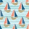 Cute driftwood sailboat on the blue ocean sea pattern. Marine water stripes seamless vector background. Sailing vessel for