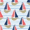 Cute driftwood sailboat on the blue ocean sea pattern. Marine water stripes seamless vector background. Sailing vessel