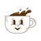 Cute drinks characters illustration. Dark color on white background. Retro groovy coffee in a cup. Funky mascots for