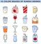 Cute drinks stickers or icons set. Kawaii beverages in the glass or package