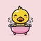 Cute duck animal cartoon character is happily taking a bath in the bath