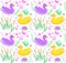 Cute duck seamless pattern with reeds, water lily, flowers, plants. Kids baby smiling animal endless texture. Vector